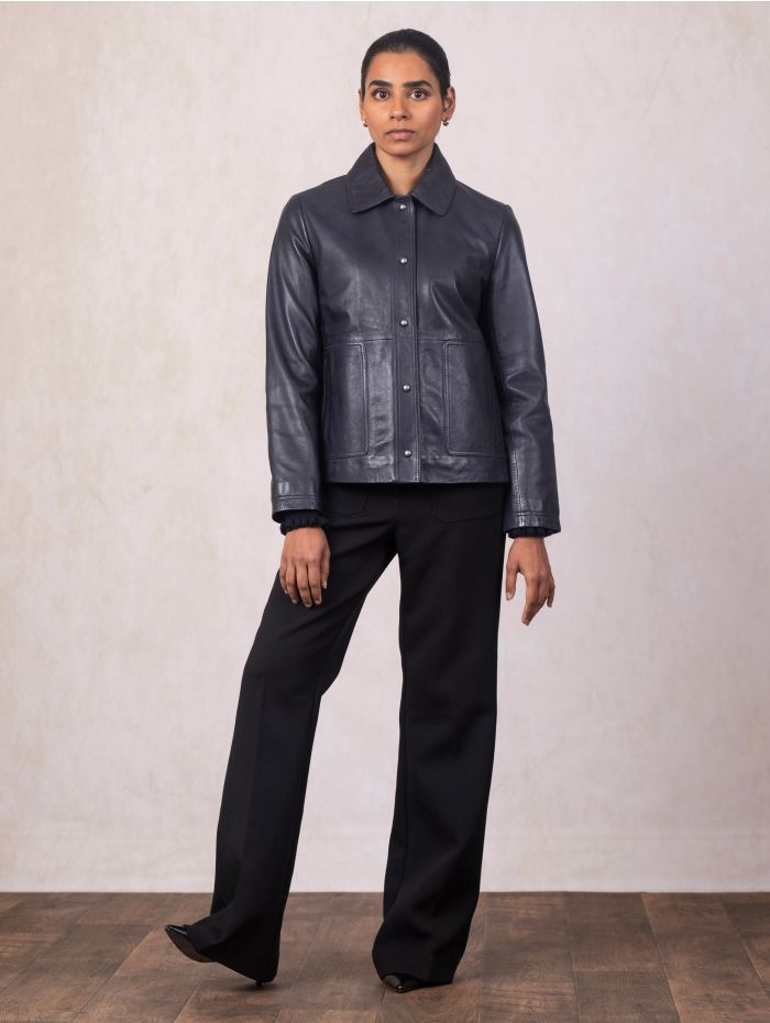 Newby Collared Leather Jacket in Navy
