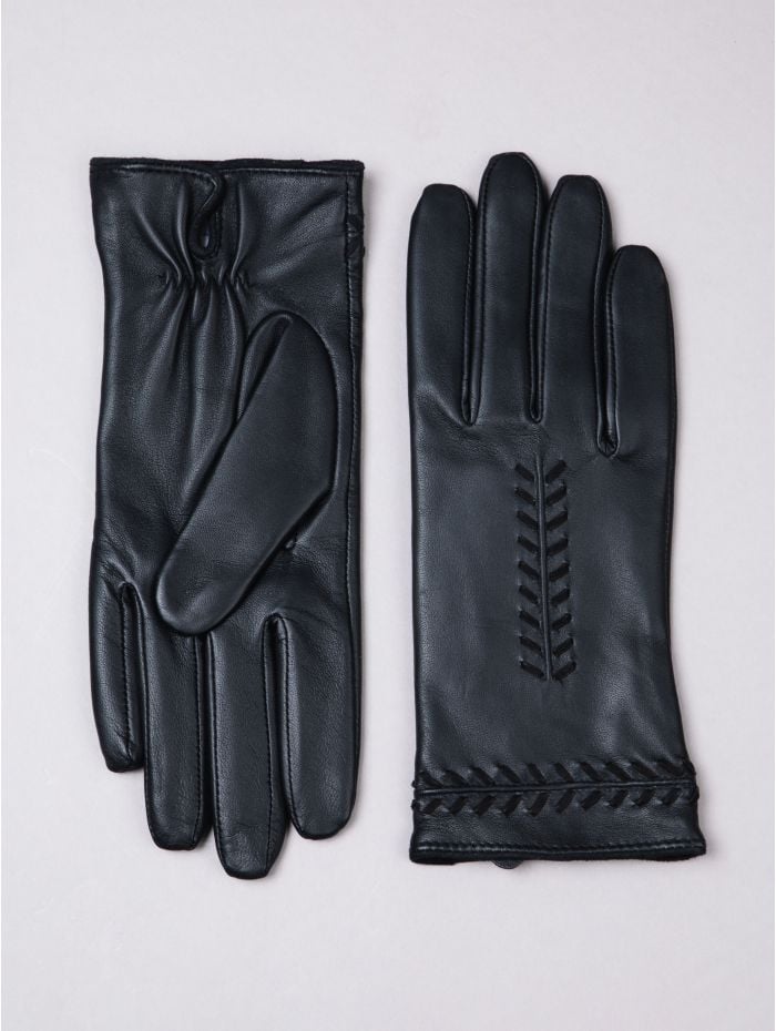 Suzie Stitch Detail Leather Gloves in Black