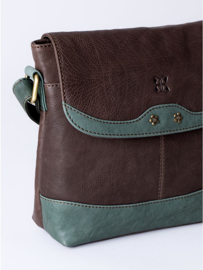 Hartsop Flapover Leather Cross Body Bag in Brown and Green