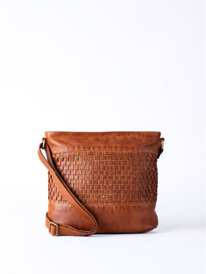 Storrs Woven Leather Cross Body Bag in Cognac