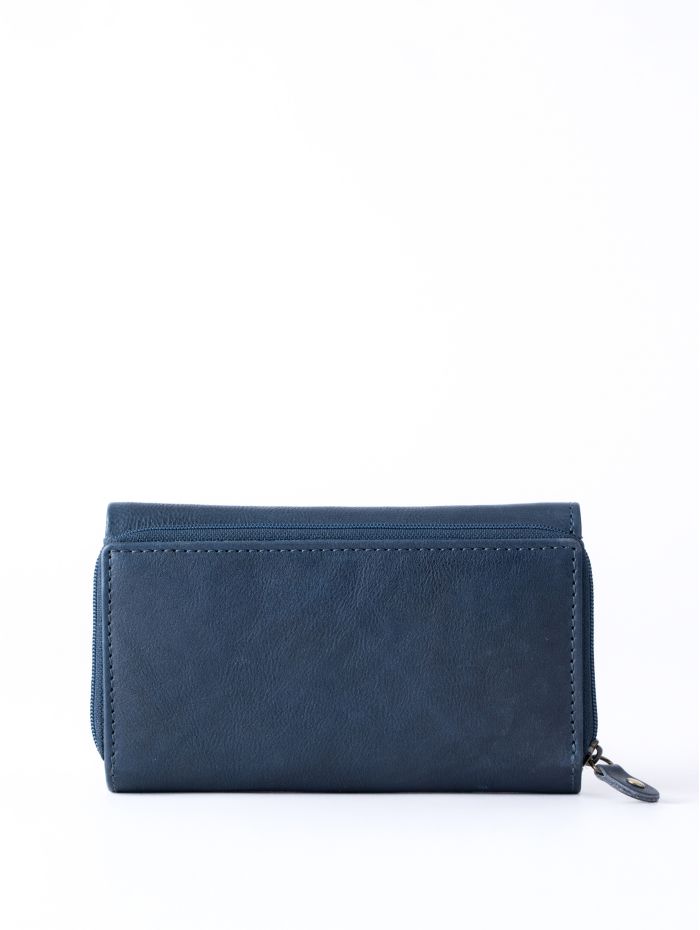 Hartsop Flapover Leather Purse in Navy and Cognac