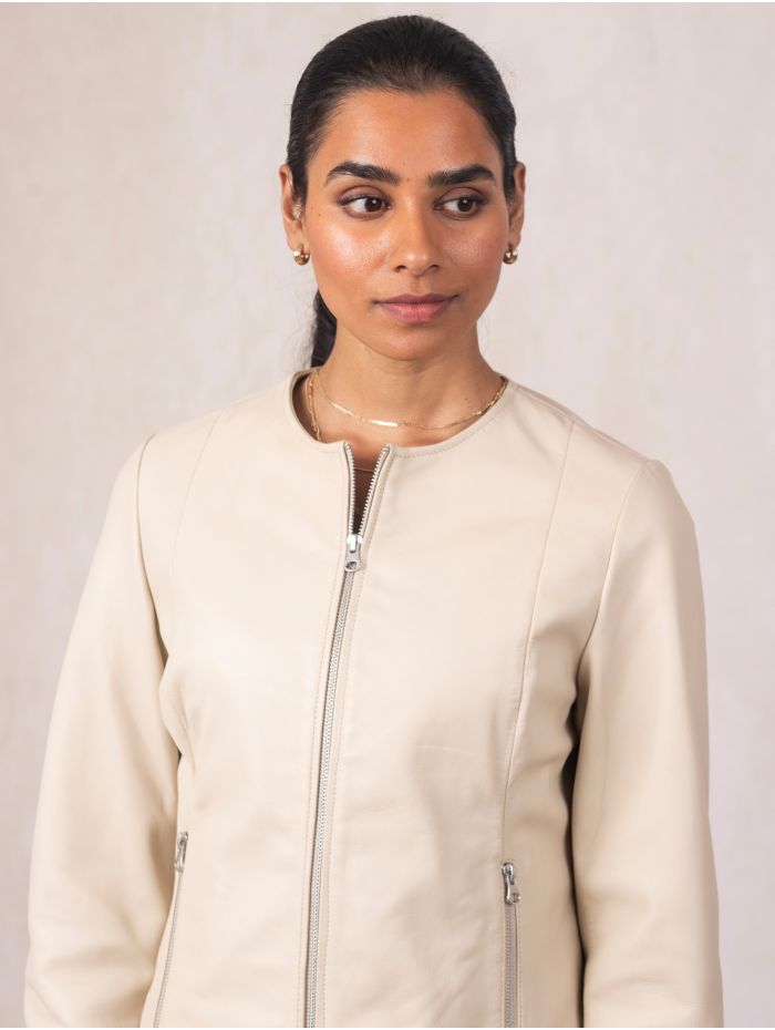 Crosby Collarless Leather Jacket in Parchment