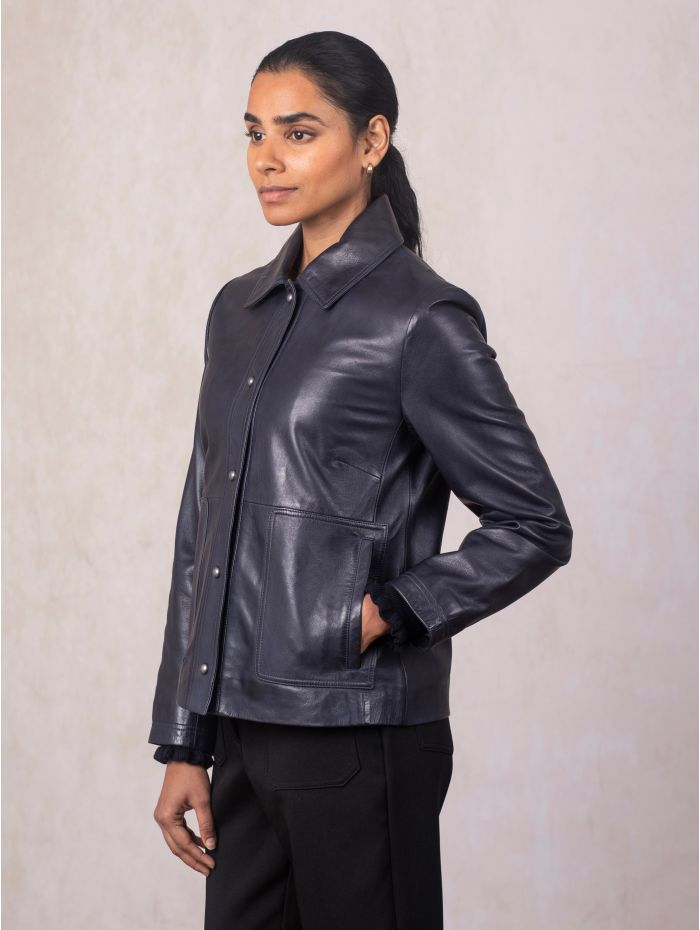 Newby Collared Leather Jacket in Navy