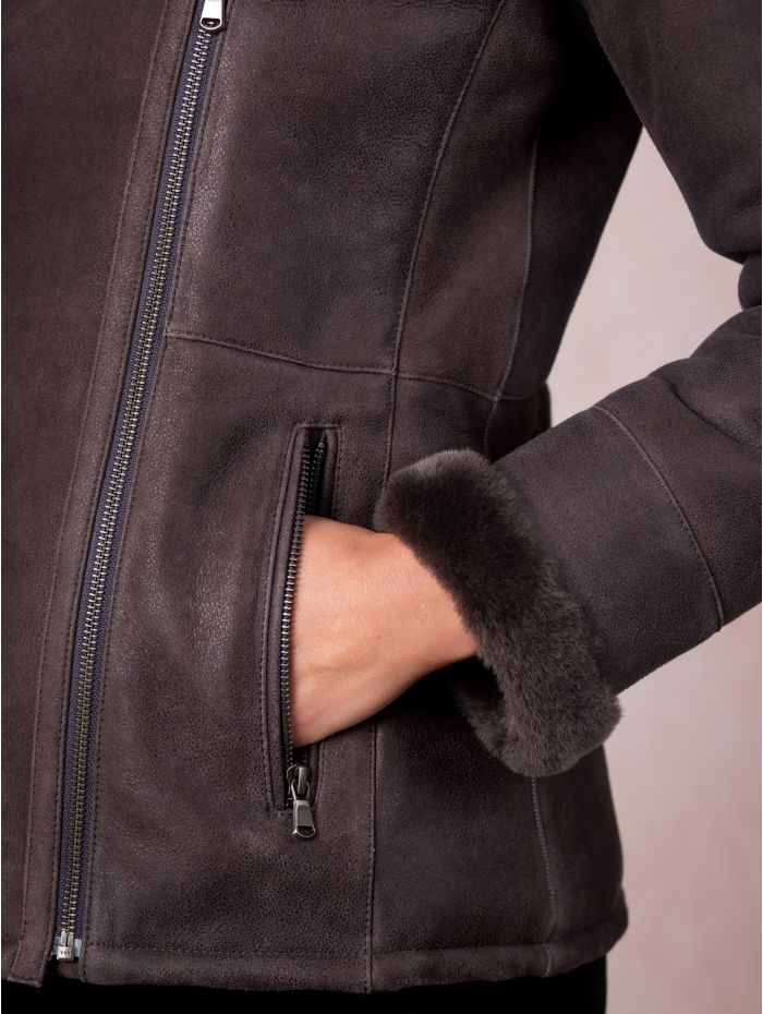 Armboth Shearling Aviator Jacket in Charcoal Grey