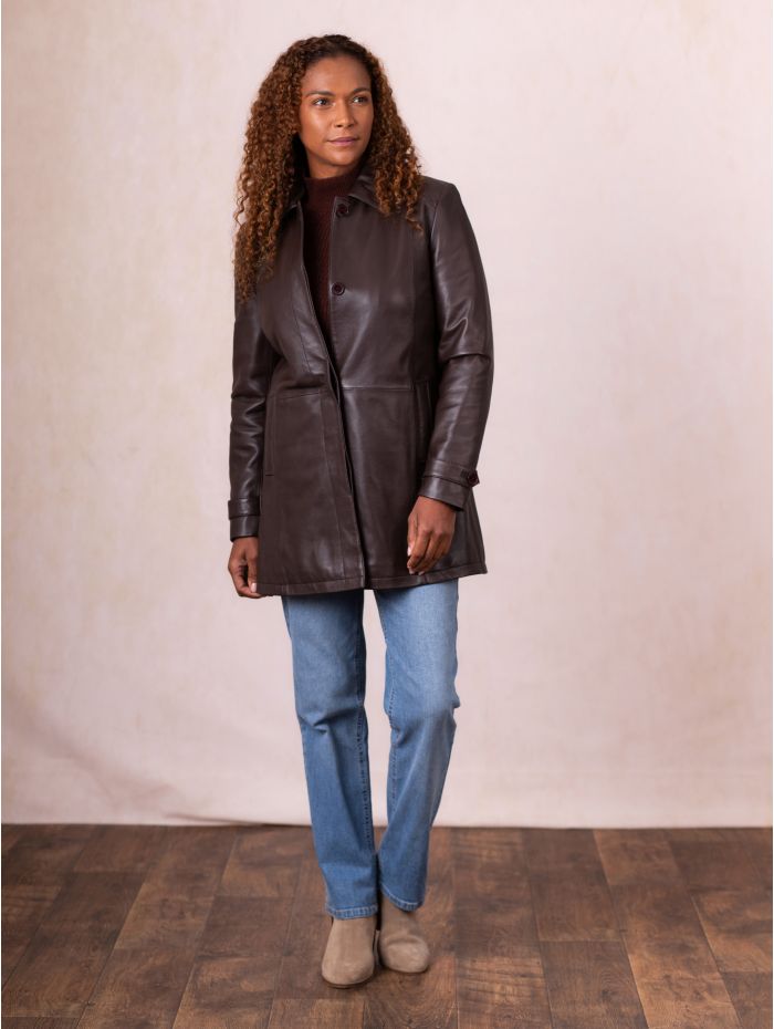 Bilsco Longline Leather Jacket in Seal Brown