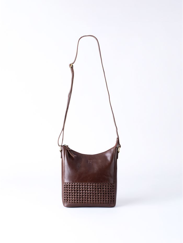 Waverton Woven Medium Leather Cross Body Bag in Brown