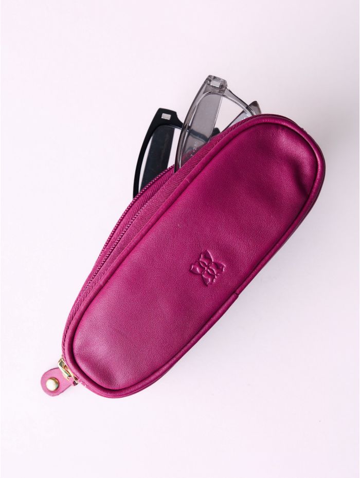 Leather Double Glasses Case in Bold Cranberry Pink