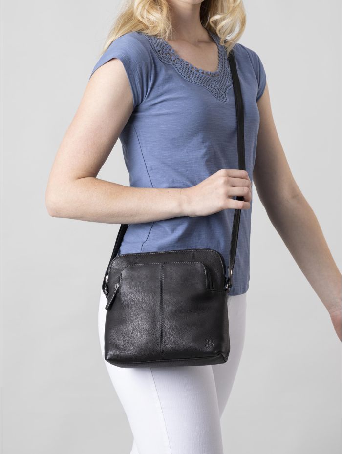 Raven Leather Cross Body Bag in Black