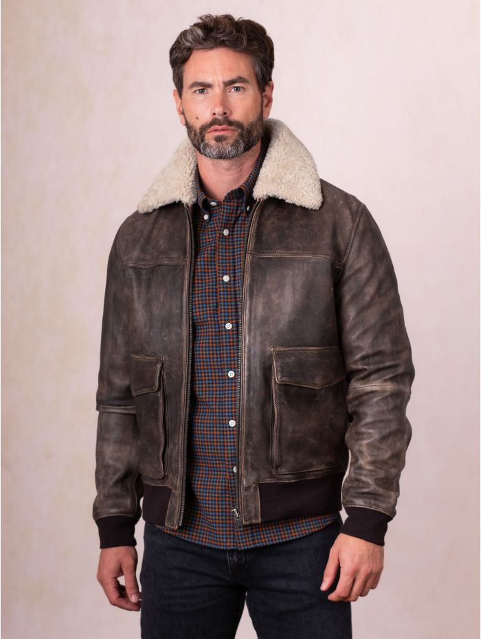 Fellfoot Leather Aviator Jacket in Chocolate Brown