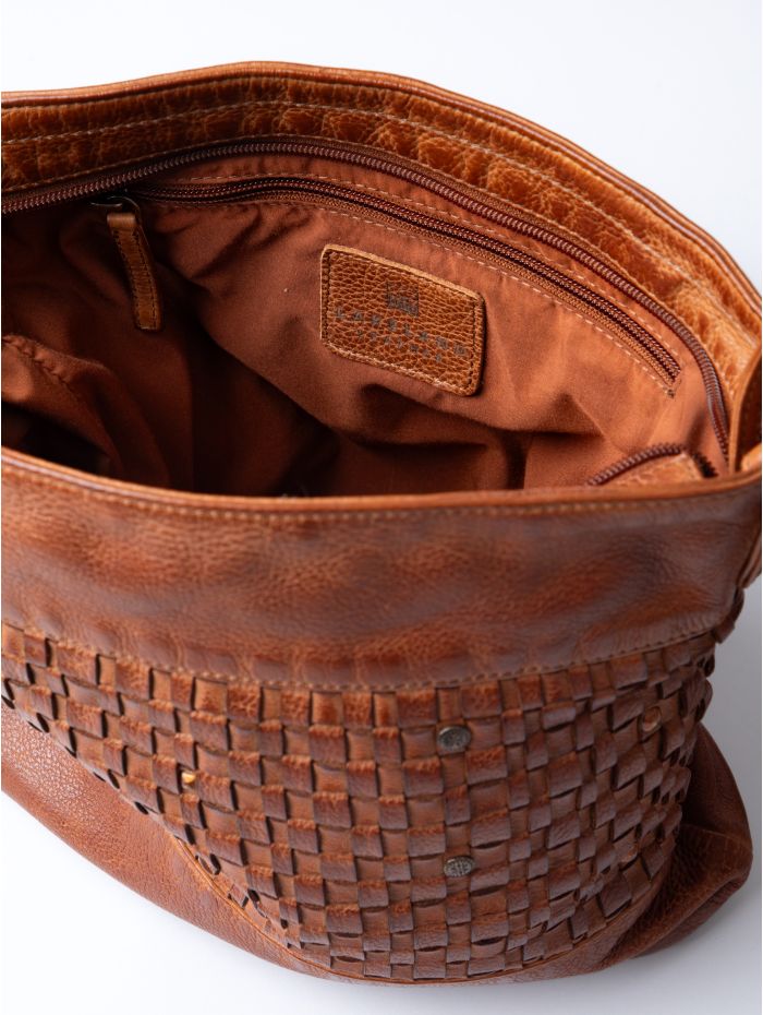 Storrs Woven Leather Cross Body Bag in Cognac