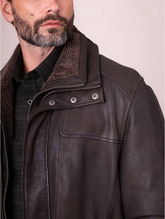 Kielder Long Leather Coat in Brown