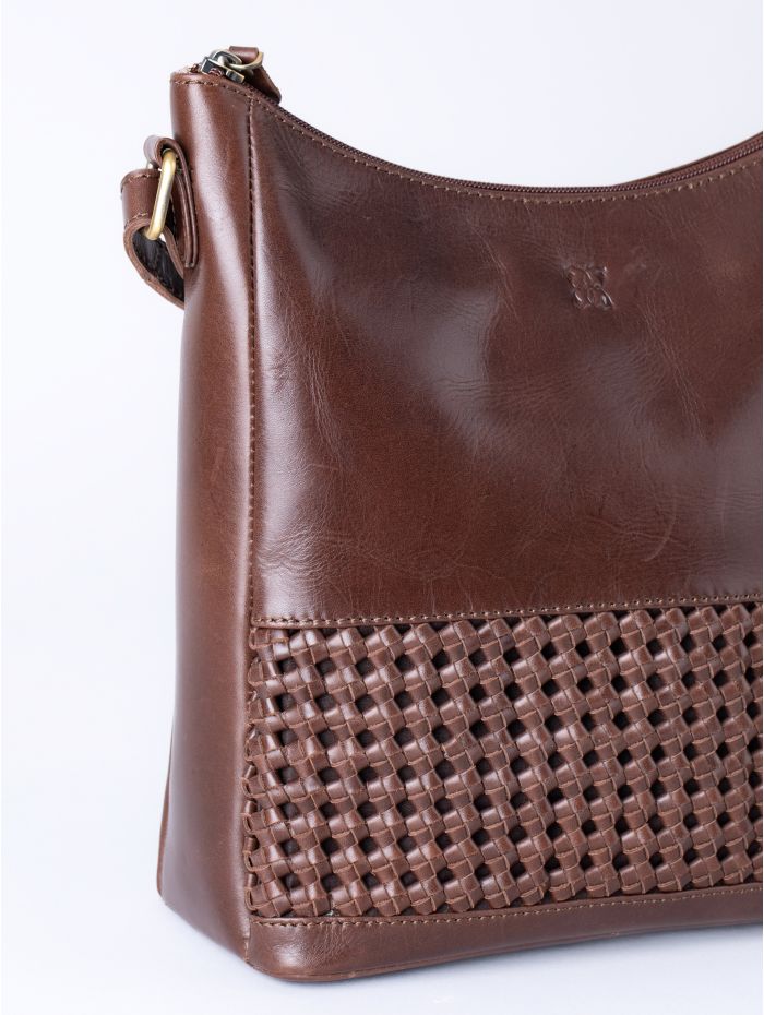 Waverton Woven Medium Leather Cross Body Bag in Brown
