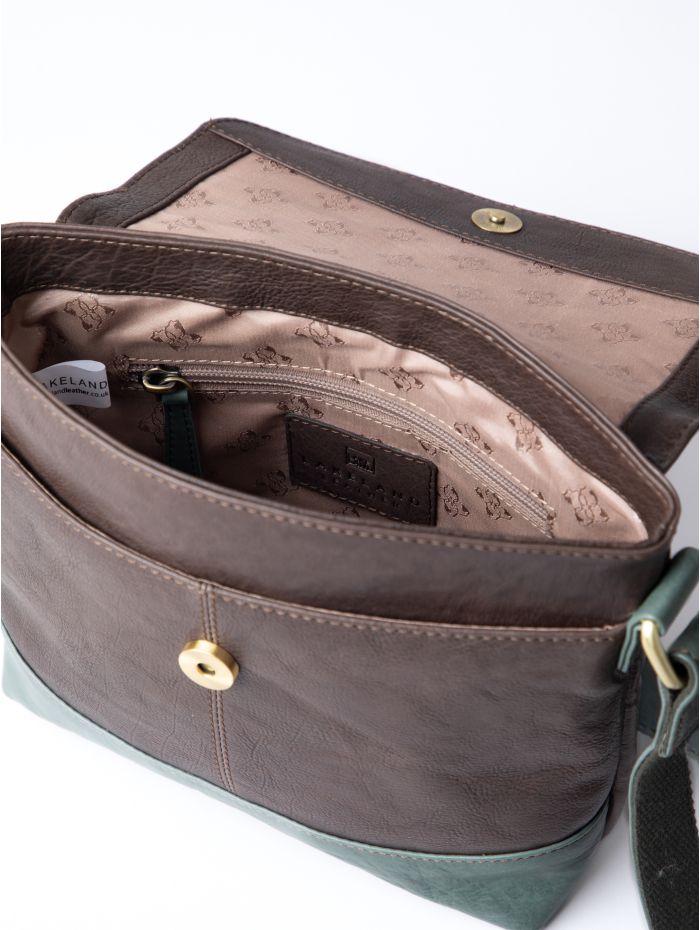Hartsop Flapover Leather Cross Body Bag in Brown and Green