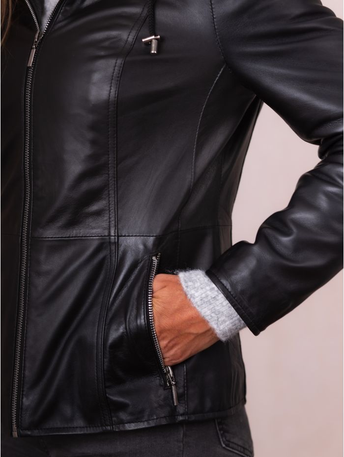 Abbeyville II Hooded Leather Jacket in Black