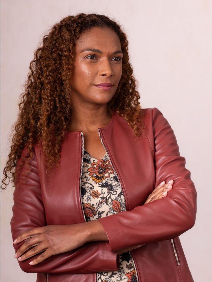 Crosby Collarless Leather Jacket in Russett Brown