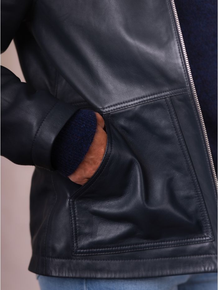 Hartside Hooded Leather Jacket in Navy