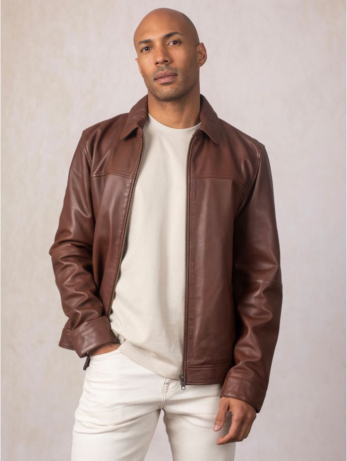 Wickfield Sportswear レザージャケット ブラウン Renwick Collared Leather Jacket in Cognac | Lakeland Leather