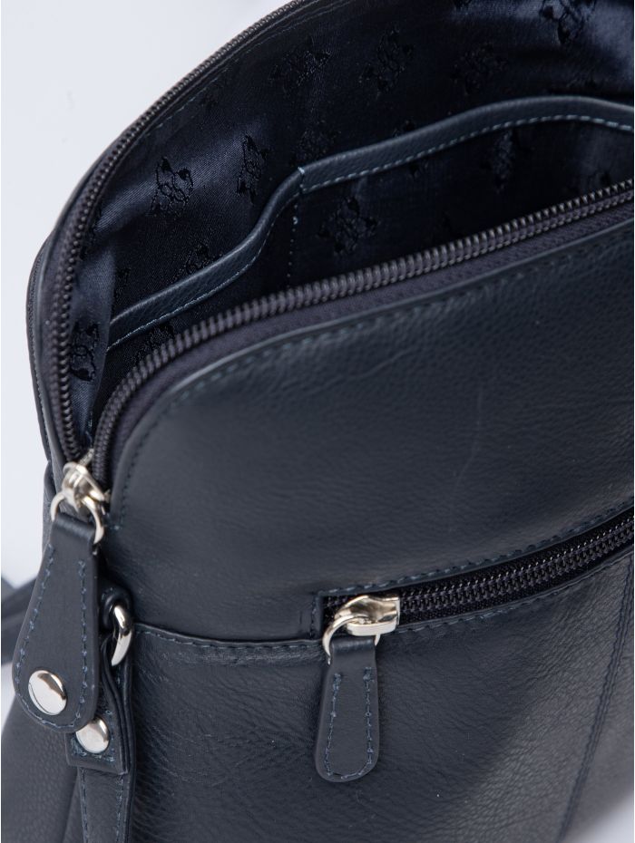 Raven Leather Cross Body Bag in Navy
