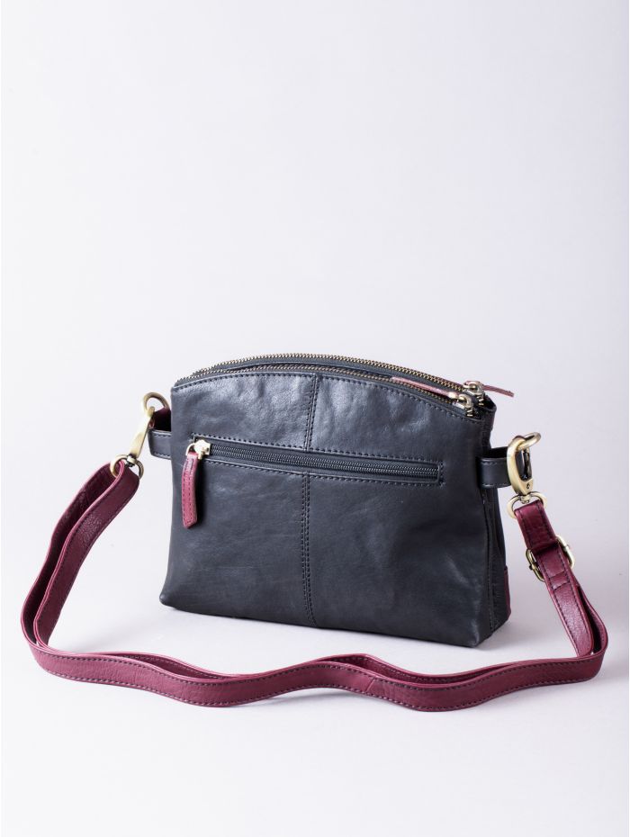 Hartsop Zip Leather Cross Body Bag in Black and Burgundy
