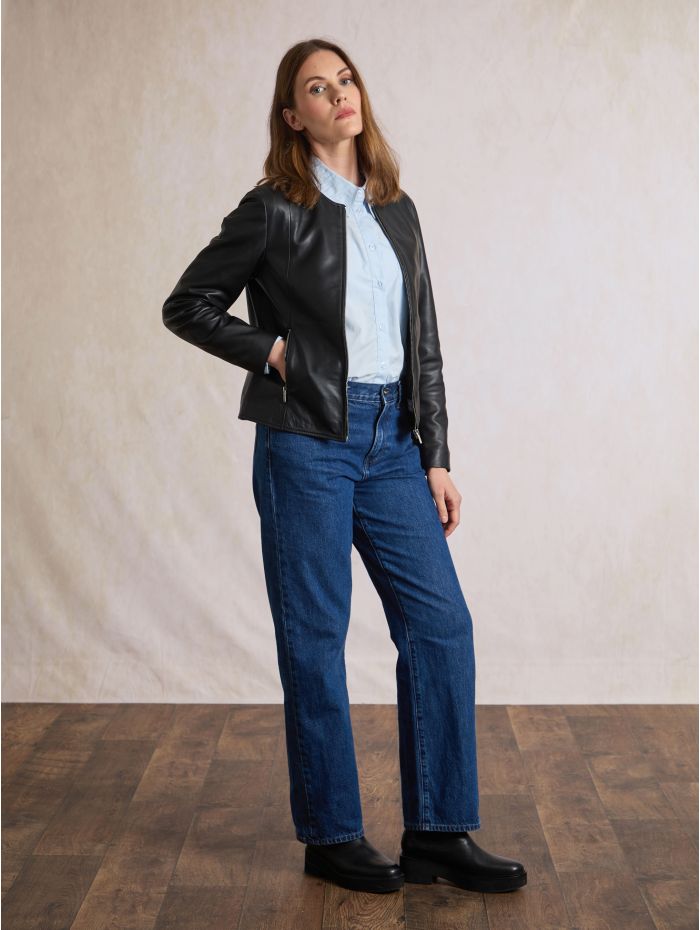 Crosby Collarless Leather Jacket in Black