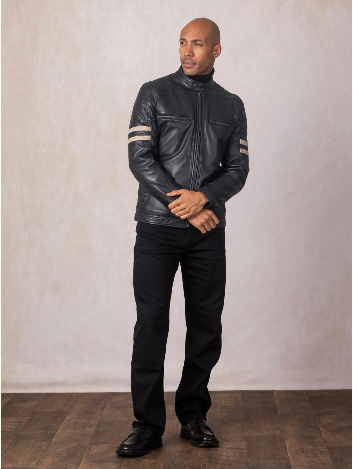 Charlie II Leather Racer Jacket in Navy