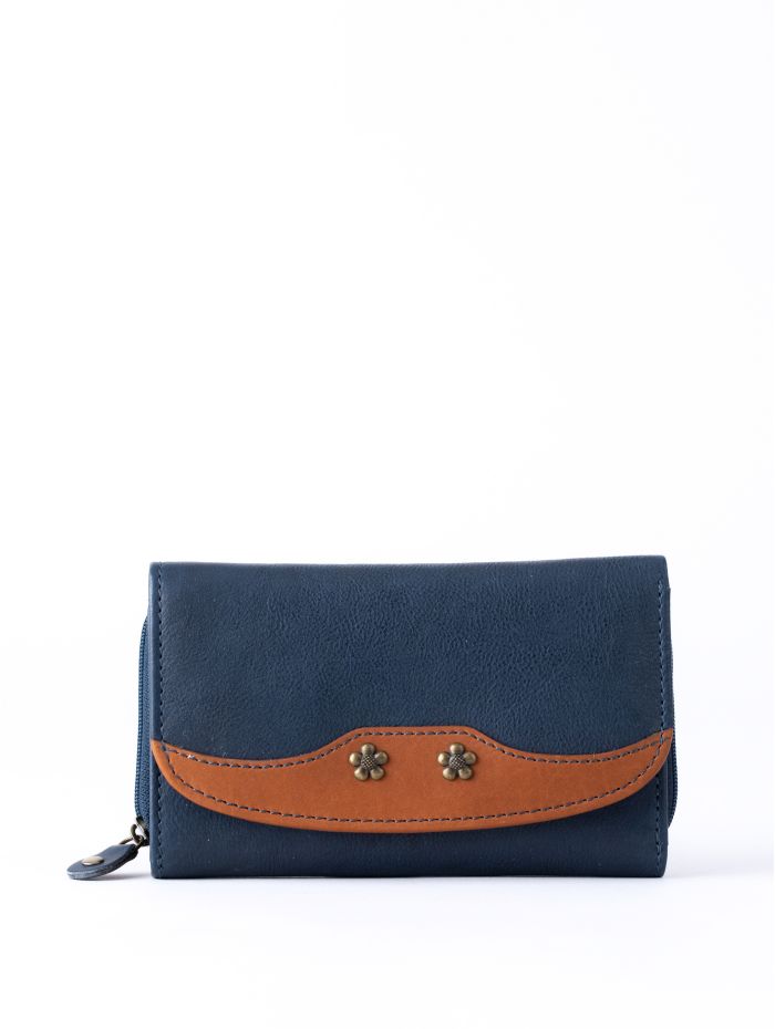 Hartsop Flapover Leather Purse in Navy and Cognac