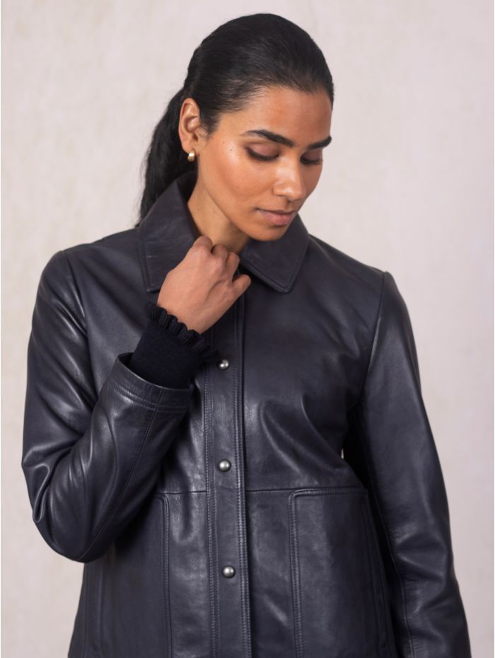 Newby Collared Leather Jacket in Navy