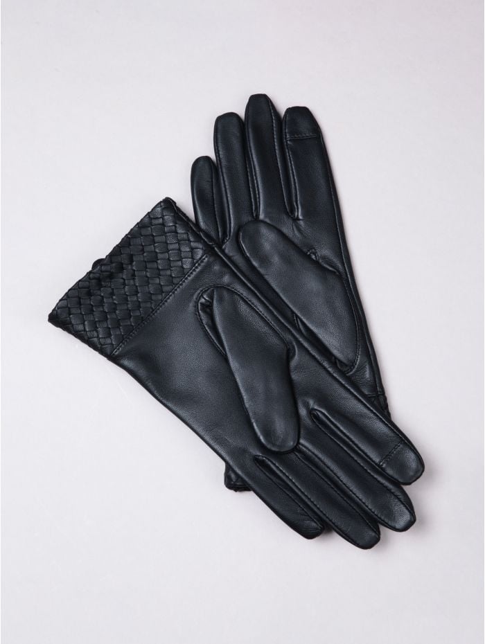 Willow Woven Cuff Leather Gloves in Black