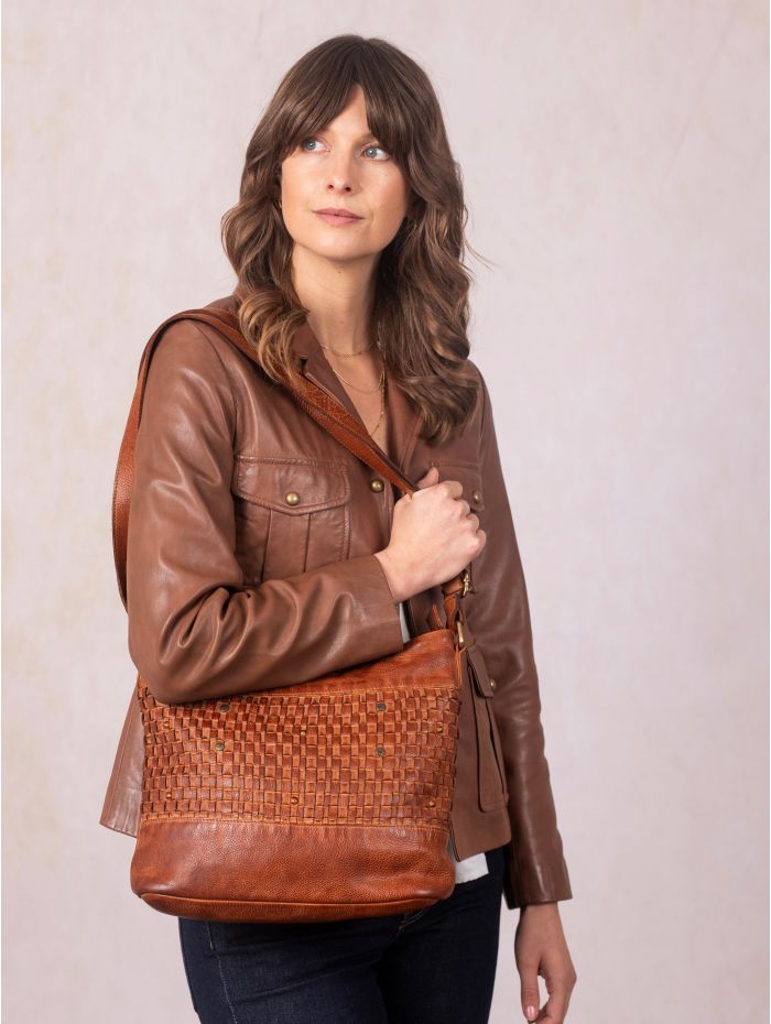 Storrs Woven Leather Cross Body Bag in Cognac
