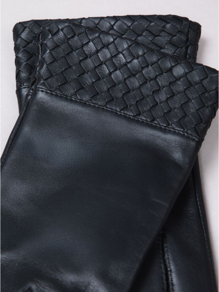 Willow Woven Cuff Leather Gloves in Black