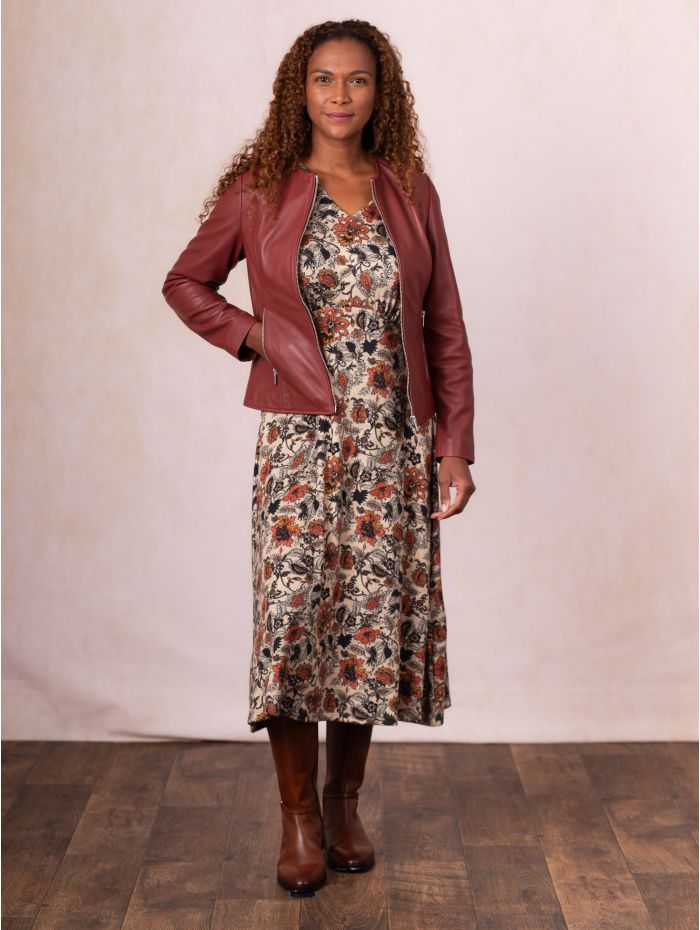 Crosby Collarless Leather Jacket in Russett Brown