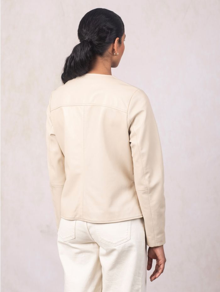 Crosby Collarless Leather Jacket in Parchment