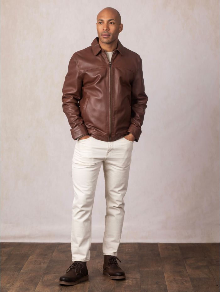 Renwick Collared Leather Jacket in Cognac