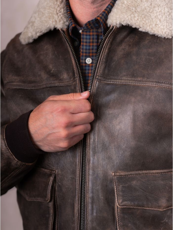 Fellfoot Leather Aviator Jacket in Chocolate Brown