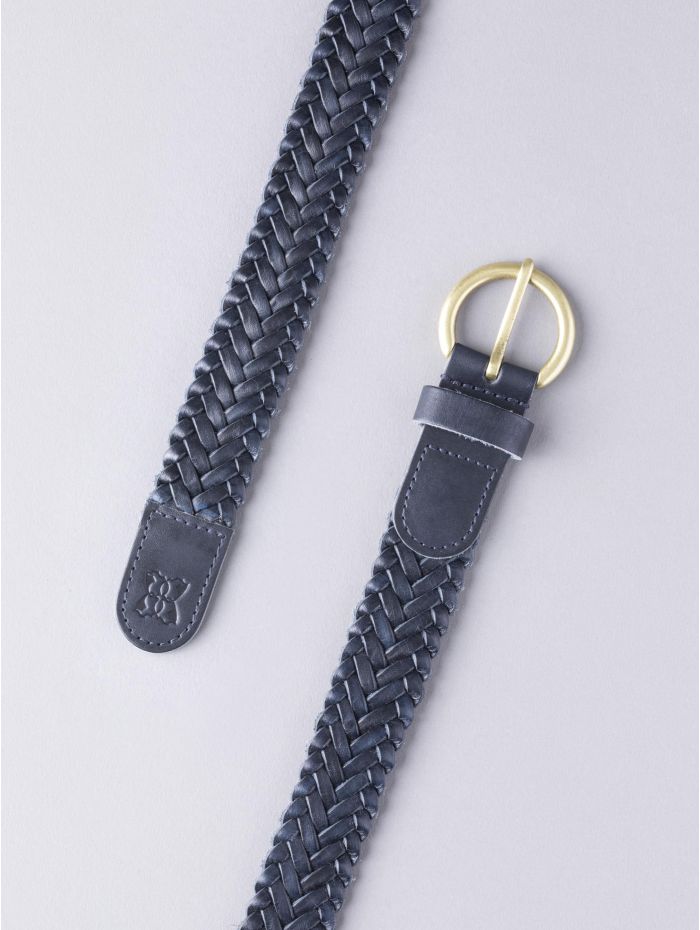 Waverton Leather Woven Belt in Navy