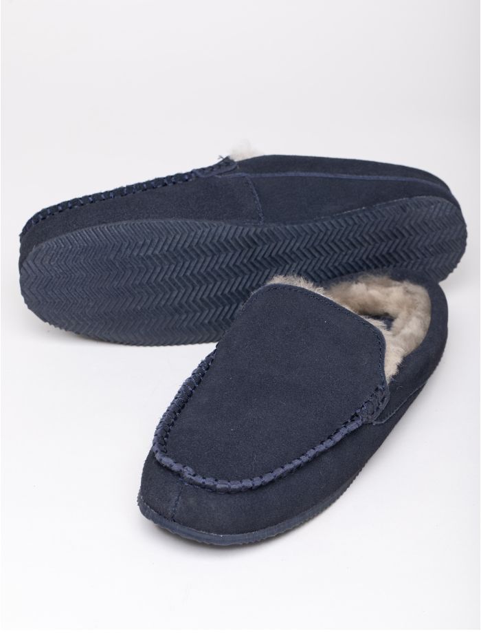 Sheepskin Moccasin Slider Slippers in Navy