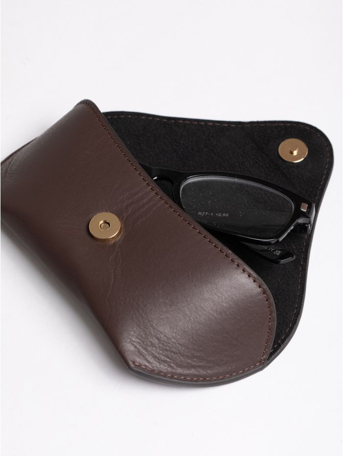 Flapover Leather Glasses Case in Brown