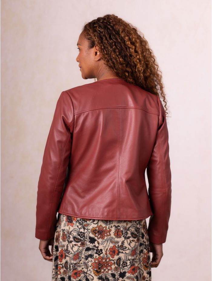 Crosby Collarless Leather Jacket in Russett Brown