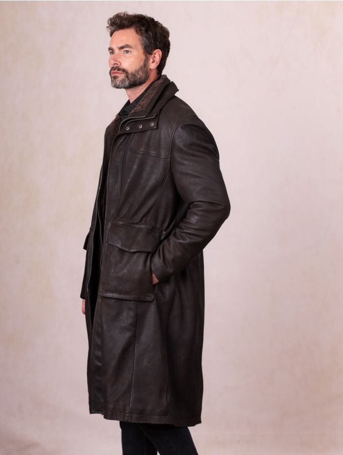 Kielder Long Leather Coat in Brown | Lakeland Leather