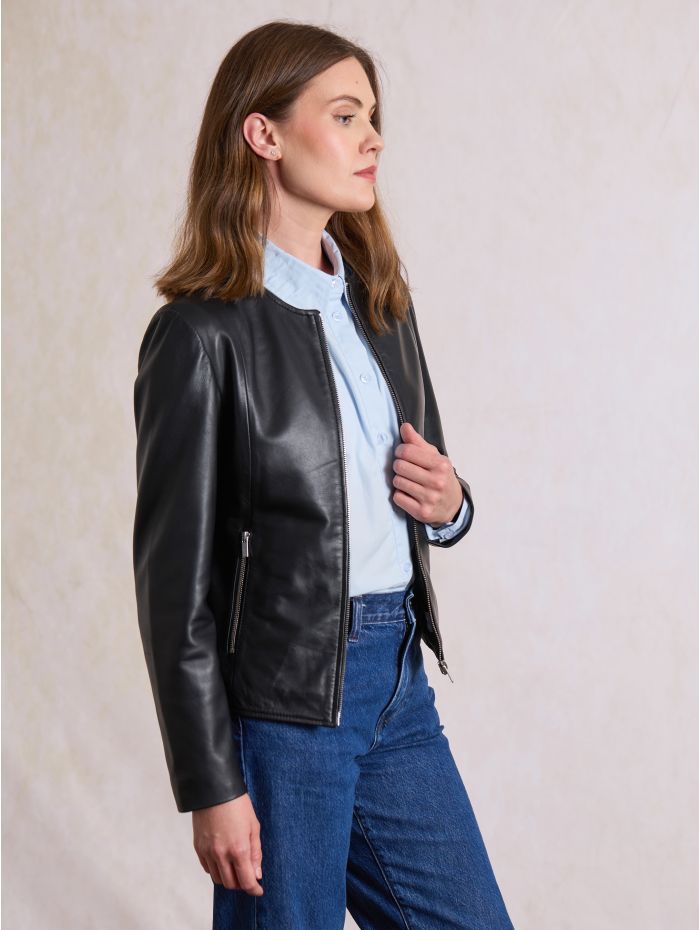 Crosby Collarless Leather Jacket in Black