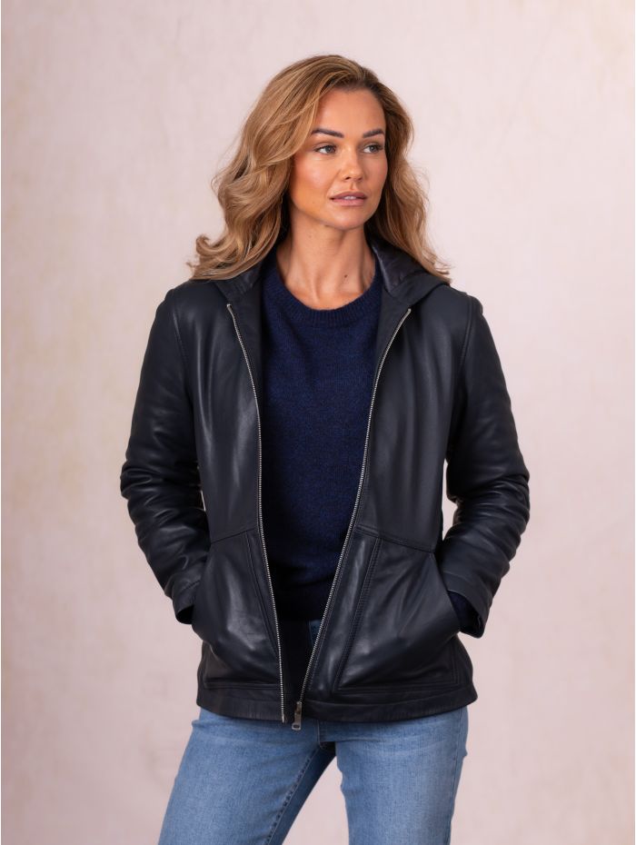 Hartside Hooded Leather Jacket in Navy