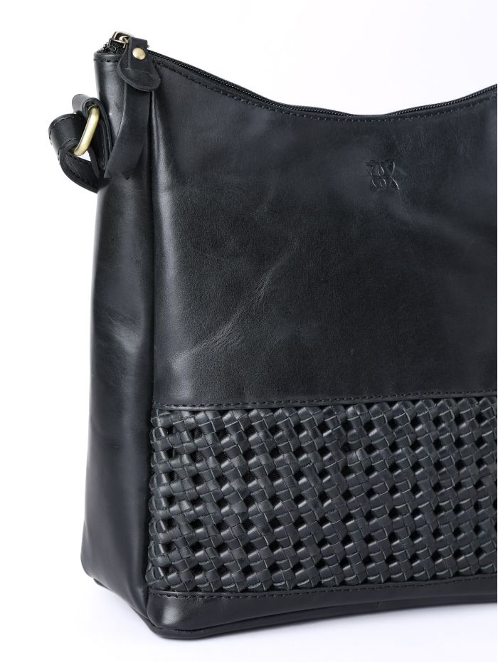 Waverton Woven Medium Leather Cross Body Bag in Black