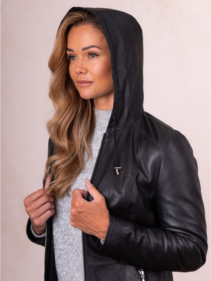 Abbeyville II Hooded Leather Jacket in Black