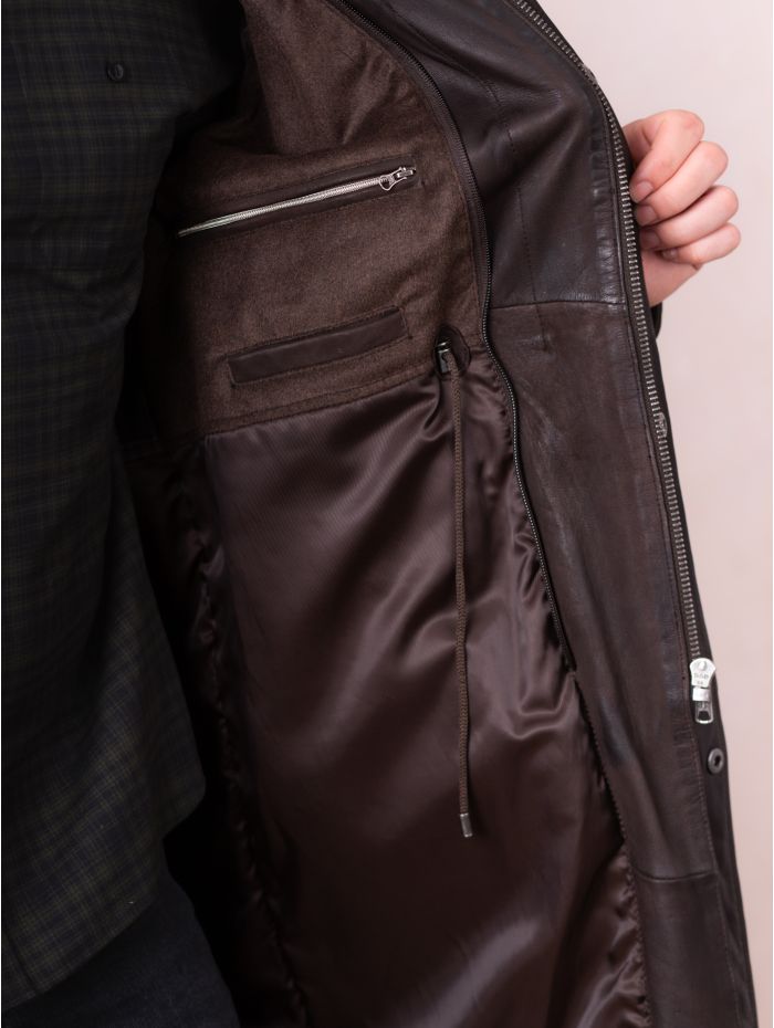 Kielder Long Leather Coat in Brown