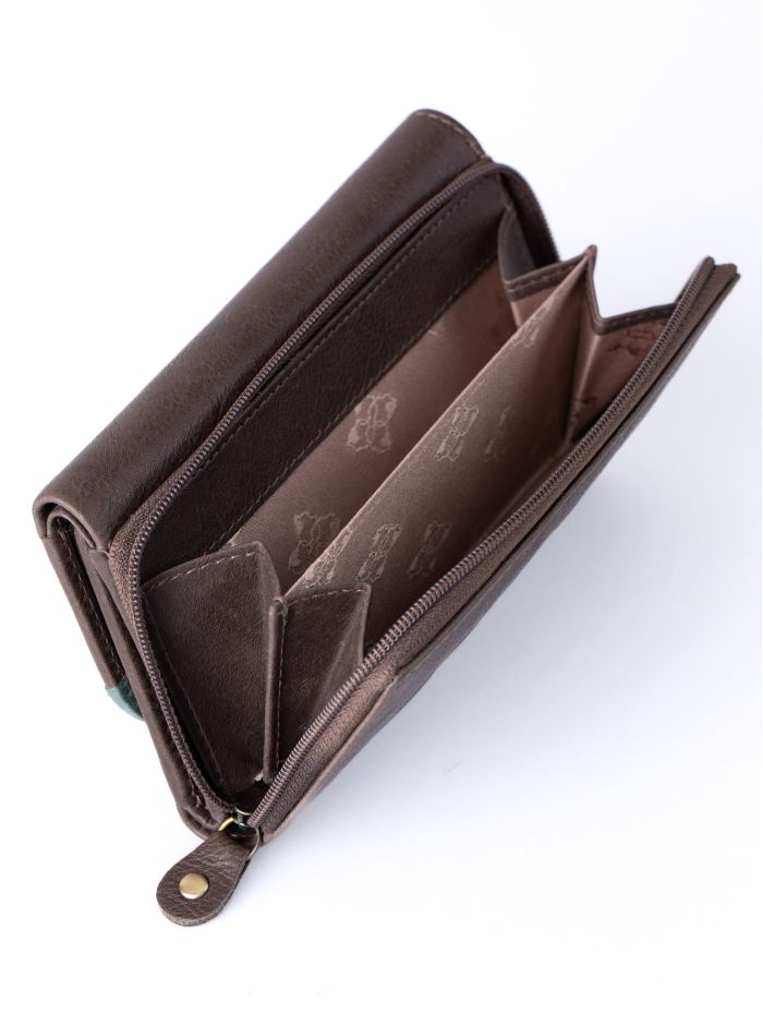 Hartsop Flapover Leather Purse in Brown and Green