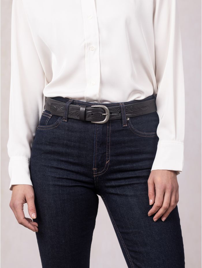 Embossed Leather Belt in Black