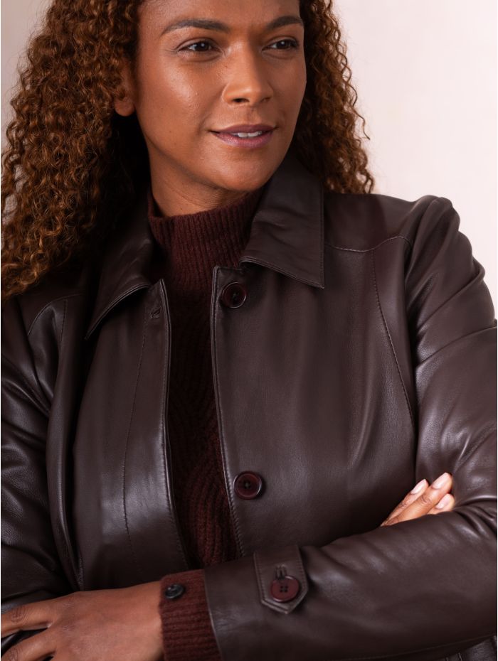 Bilsco Longline Leather Jacket in Seal Brown