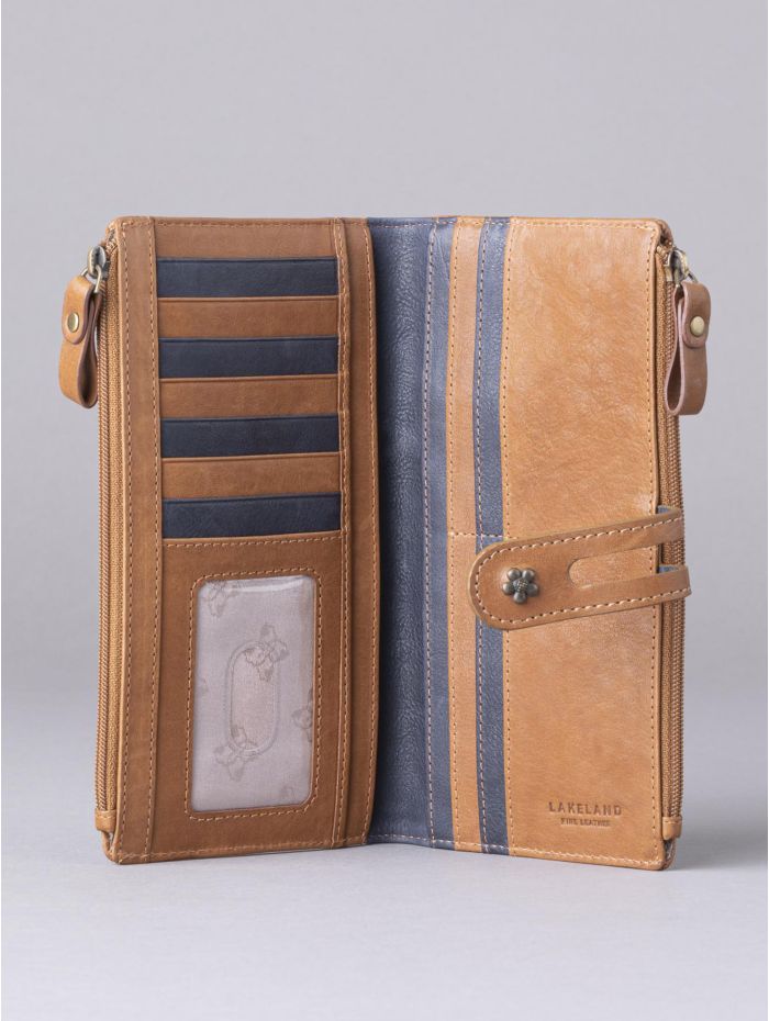 Hartsop Leather Double Zip Purse in Tan & Navy