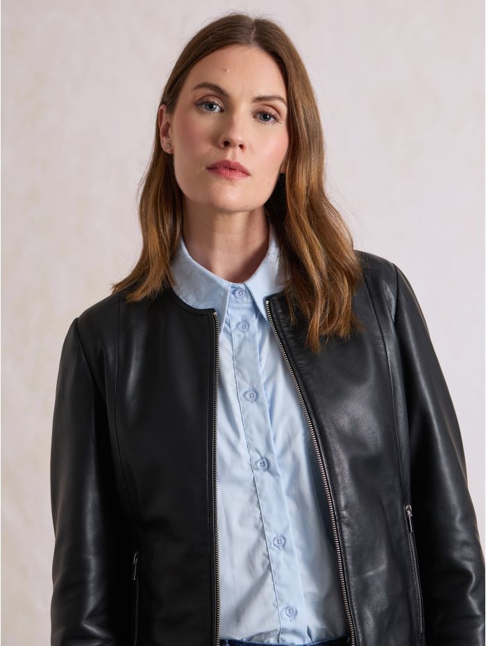 Crosby Collarless Leather Jacket in Black