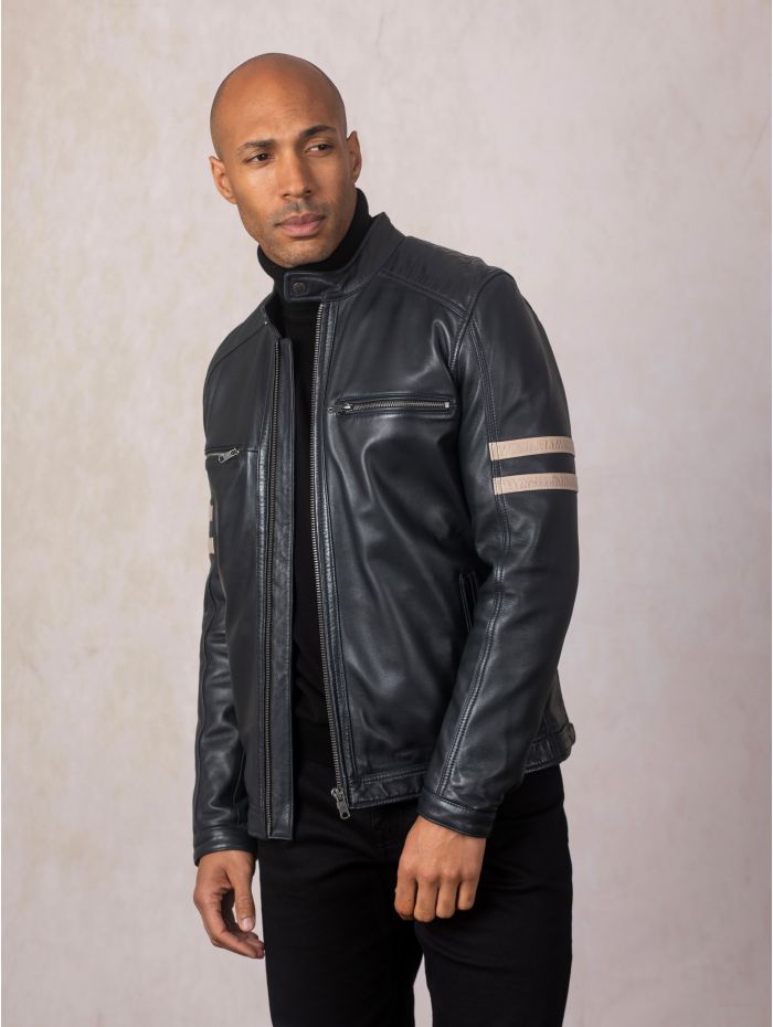Charlie II Leather Racer Jacket in Navy